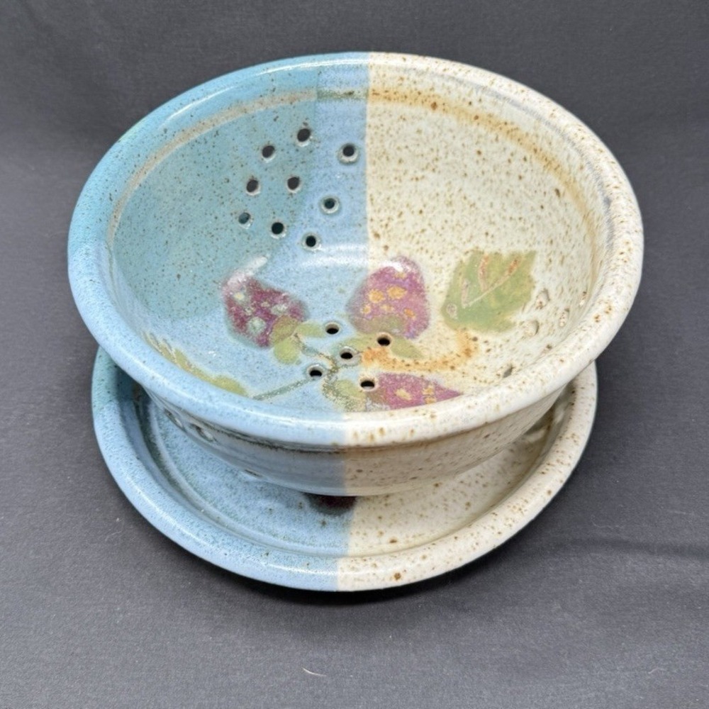Studio Pottery Berry Bowl‎ with Saucer Blue Cream Speckled Grapes Stoneware Set